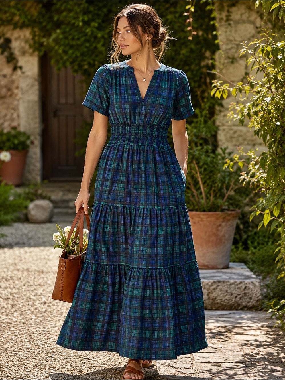 Léa Plaid Cotton Maxi Dress Green M NWT